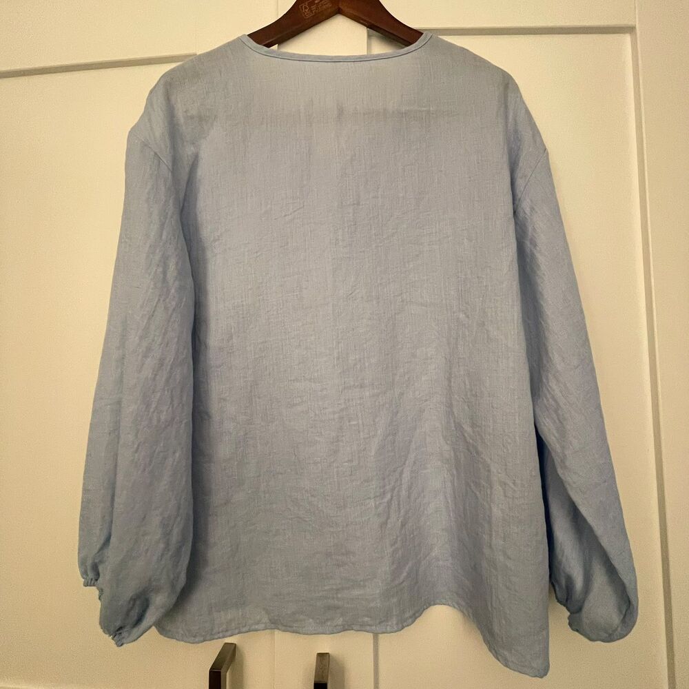 Womens XL Light Blue 100% Linen Split V-Neck Long Sleeve Blouse Top Extra Large - Picture 3 of 9